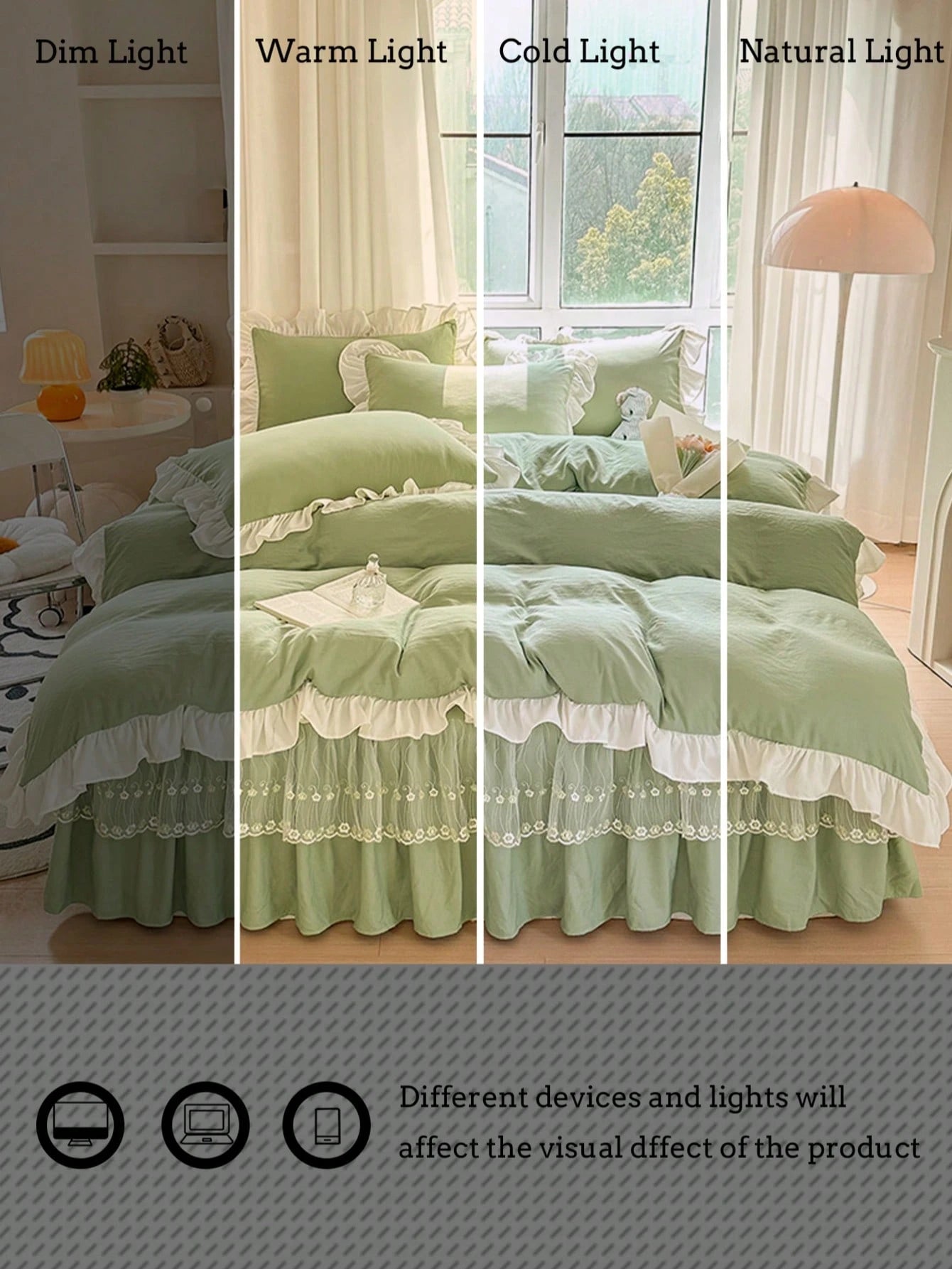 Light Green Girl Style White Ruffle Edge Minimalist Comfortable Soft Skin-Friendly Duvet Cover Set 3pcs (1*Duvet Cover + 2*Pillowcases, No Filling), Suitable For Bedroom Guest Room, Machine Washable