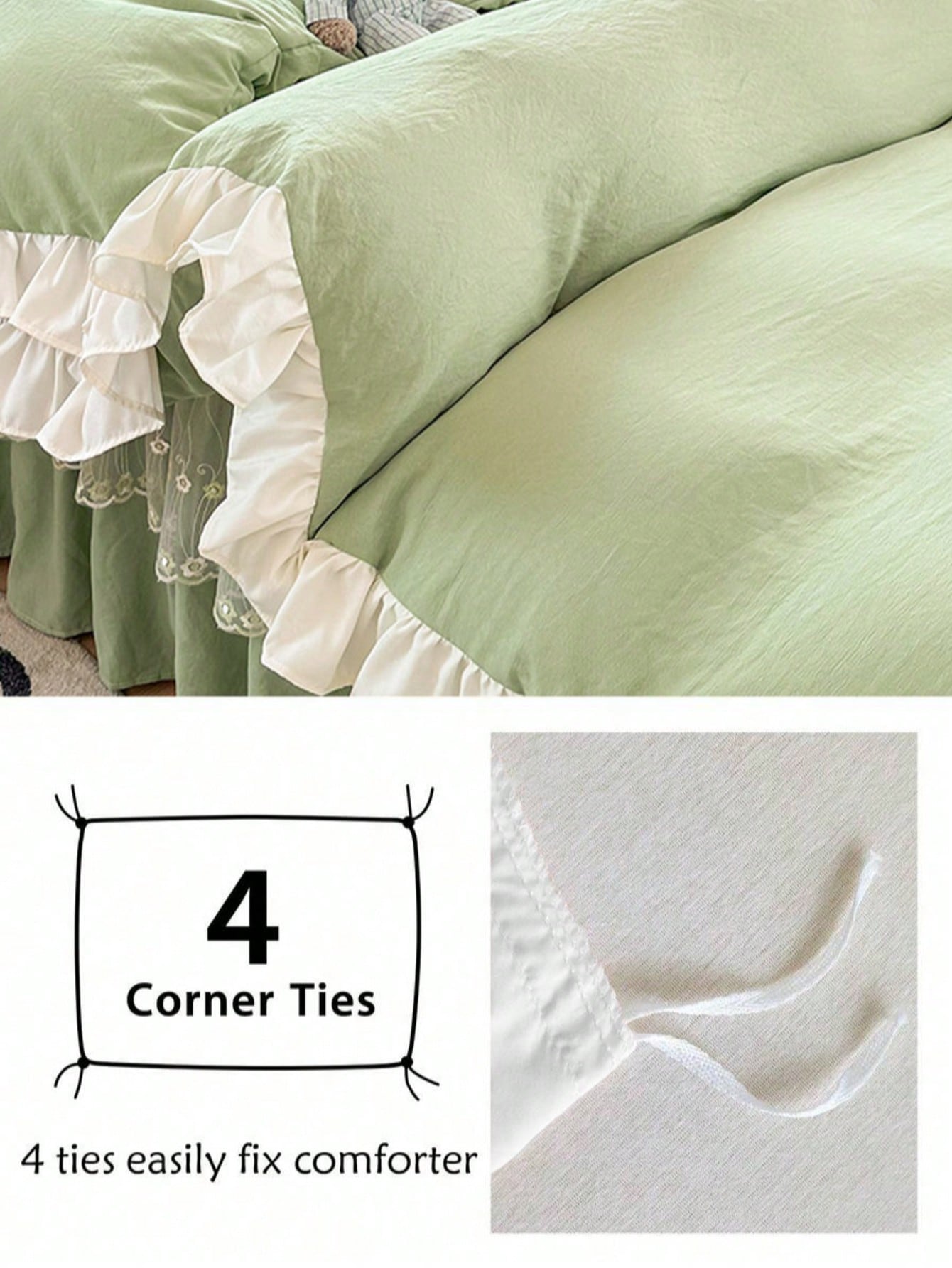 Light Green Girl Style White Ruffle Edge Minimalist Comfortable Soft Skin-Friendly Duvet Cover Set 3pcs (1*Duvet Cover + 2*Pillowcases, No Filling), Suitable For Bedroom Guest Room, Machine Washable