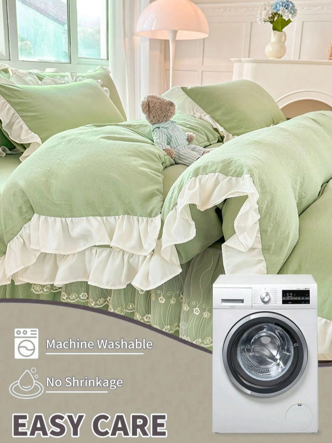 Light Green Girl Style White Ruffle Edge Minimalist Comfortable Soft Skin-Friendly Duvet Cover Set 3pcs (1*Duvet Cover + 2*Pillowcases, No Filling), Suitable For Bedroom Guest Room, Machine Washable