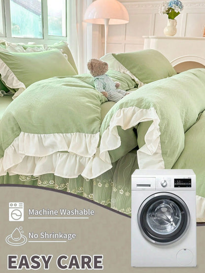 Light Green Girl Style White Ruffle Edge Minimalist Comfortable Soft Skin-Friendly Duvet Cover Set 3pcs (1*Duvet Cover + 2*Pillowcases, No Filling), Suitable For Bedroom Guest Room, Machine Washable