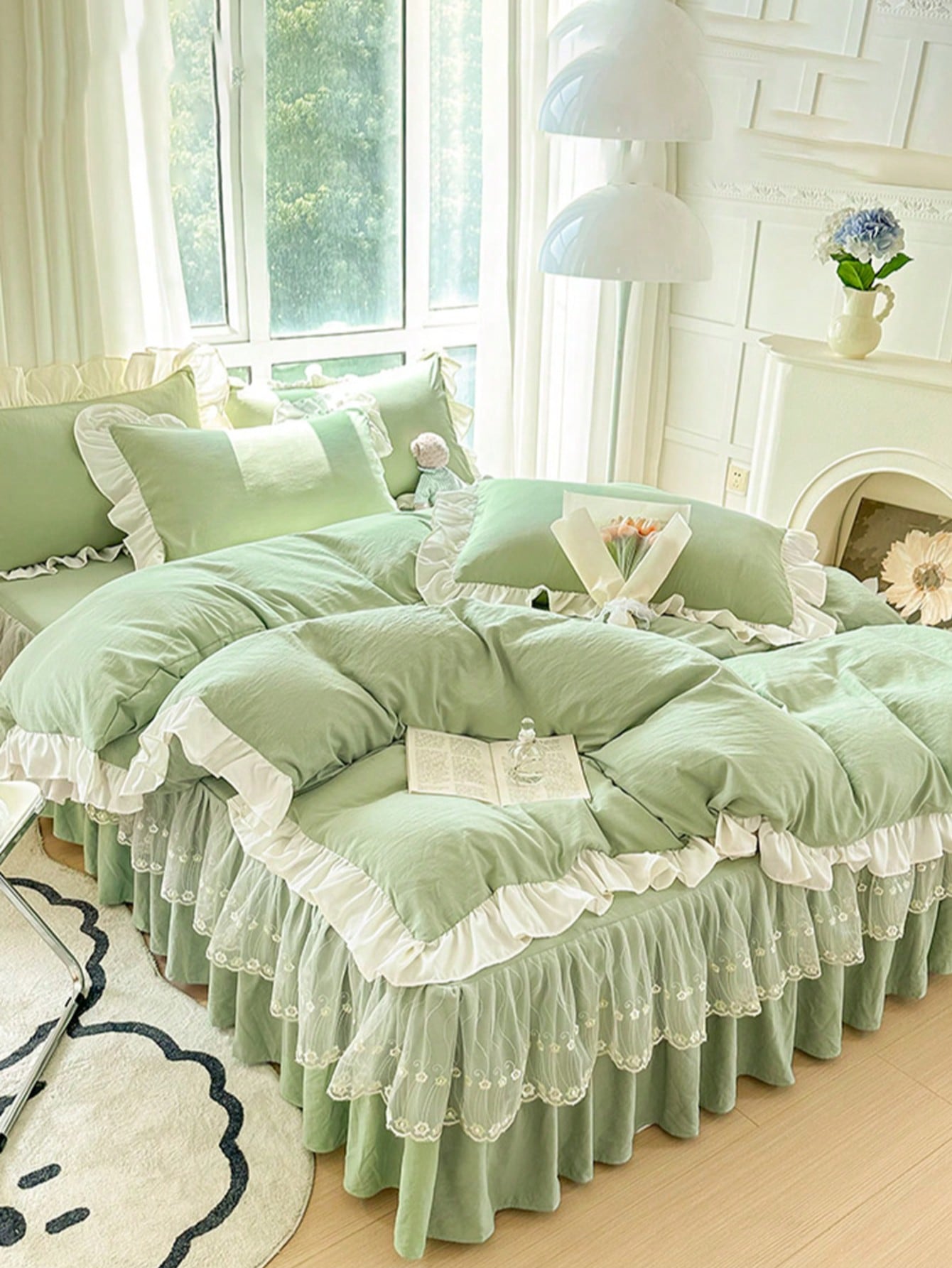 Light Green Girl Style White Ruffle Edge Minimalist Comfortable Soft Skin-Friendly Duvet Cover Set 3pcs (1*Duvet Cover + 2*Pillowcases, No Filling), Suitable For Bedroom Guest Room, Machine Washable