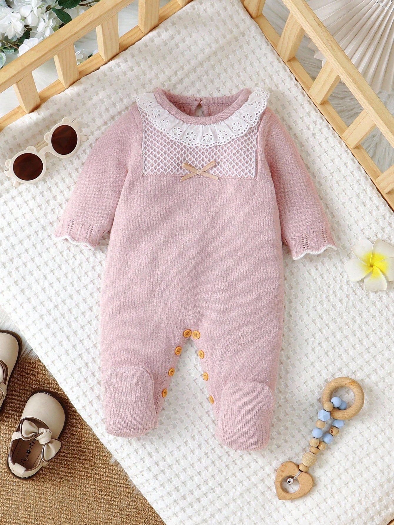Light Pink Newborn Baby Girl Floral Lace Collar Knit Romper,Long Sleeve Sweater Jumpsuit With Socks,Cozy Autumn Clothes For Baby Shower,Winter Outfit