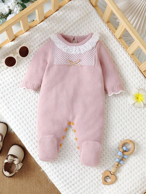 Light Pink Newborn Baby Girl Floral Lace Collar Knit Romper,Long Sleeve Sweater Jumpsuit With Socks,Cozy Autumn Clothes For Baby Shower,Winter Outfit