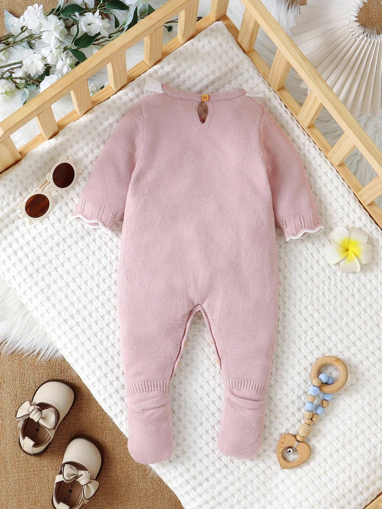 Light Pink Newborn Baby Girl Floral Lace Collar Knit Romper,Long Sleeve Sweater Jumpsuit With Socks,Cozy Autumn Clothes For Baby Shower,Winter Outfit