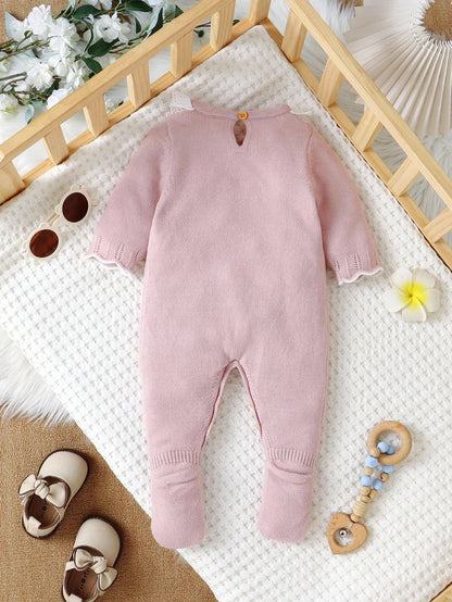 Light Pink Newborn Baby Girl Floral Lace Collar Knit Romper,Long Sleeve Sweater Jumpsuit With Socks,Cozy Autumn Clothes For Baby Shower,Winter Outfit