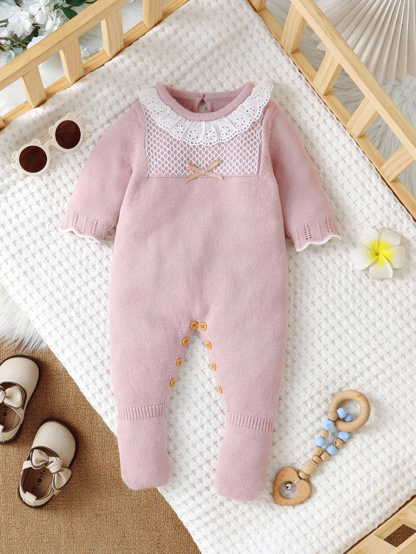 Light Pink Newborn Baby Girl Floral Lace Collar Knit Romper,Long Sleeve Sweater Jumpsuit With Socks,Cozy Autumn Clothes For Baby Shower,Winter Outfit