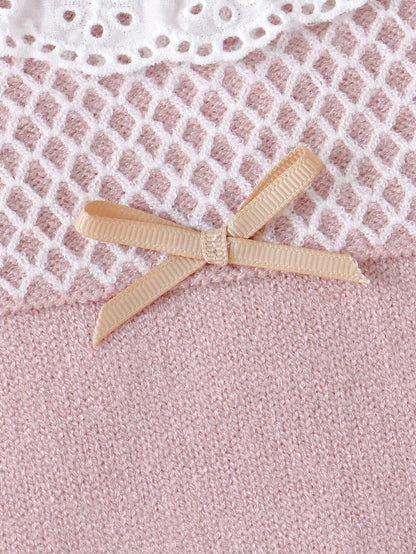 Light Pink Newborn Baby Girl Floral Lace Collar Knit Romper,Long Sleeve Sweater Jumpsuit With Socks,Cozy Autumn Clothes For Baby Shower,Winter Outfit