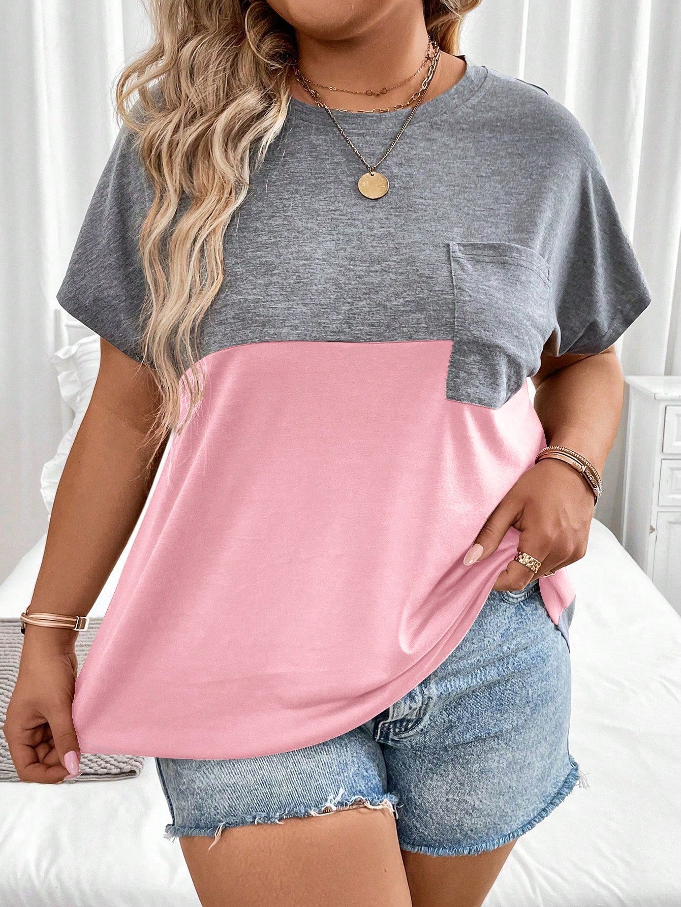 Linhara CURVE Plus Size Summer Casual Color Block Batwing Sleeve T-Shirt Graphic Tees Women Tops