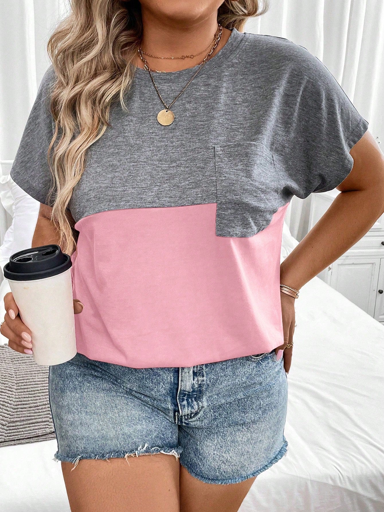 Linhara CURVE Plus Size Summer Casual Color Block Batwing Sleeve T-Shirt Graphic Tees Women Tops