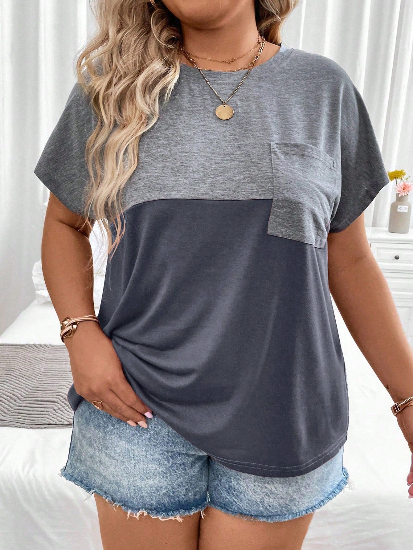 Linhara CURVE Plus Size Summer Casual Color Block Batwing Sleeve T-Shirt Graphic Tees Women Tops