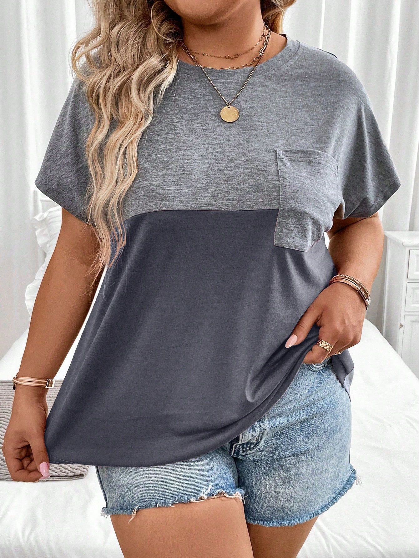 Linhara CURVE Plus Size Summer Casual Color Block Batwing Sleeve T-Shirt Graphic Tees Women Tops
