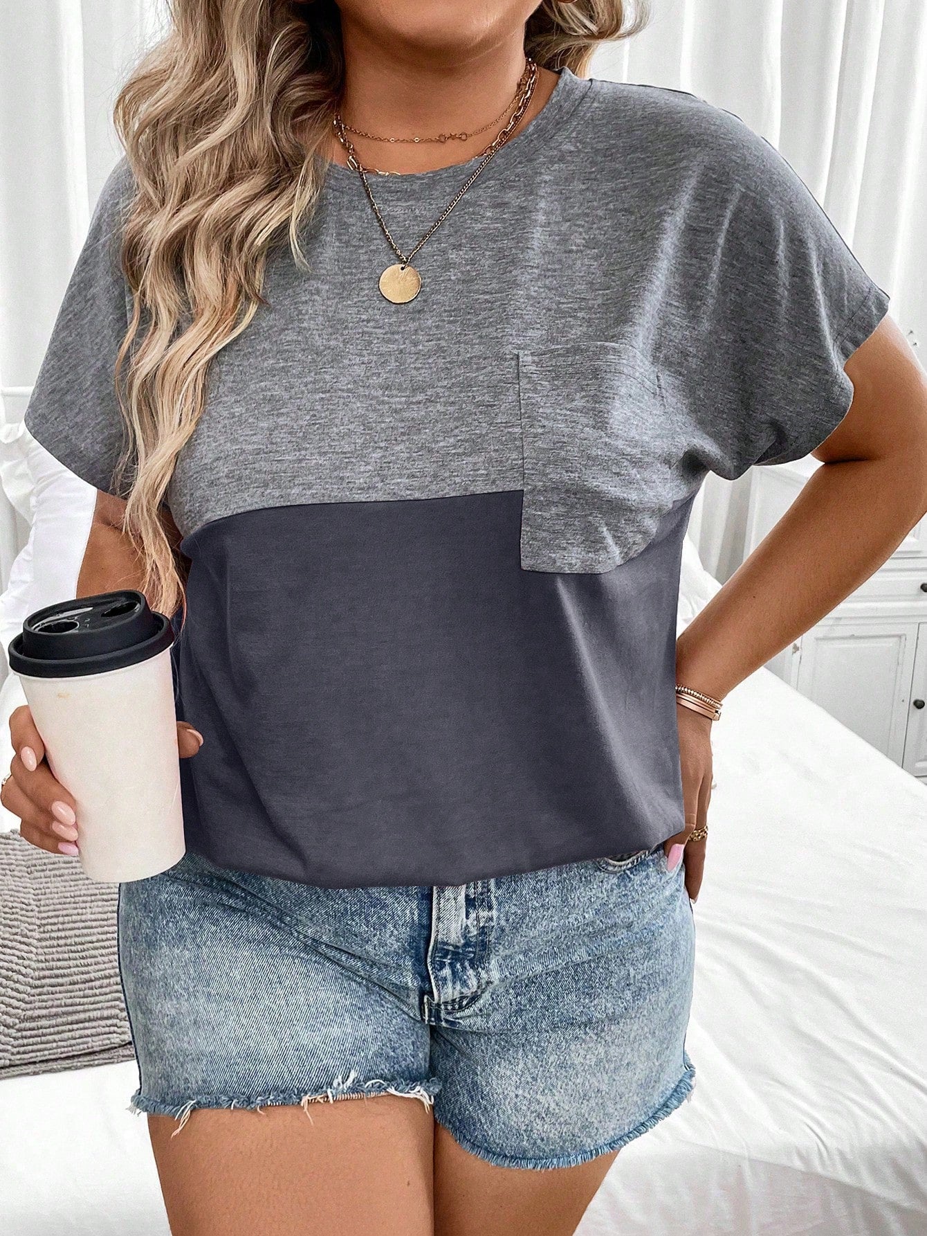 Linhara CURVE Plus Size Summer Casual Color Block Batwing Sleeve T-Shirt Graphic Tees Women Tops