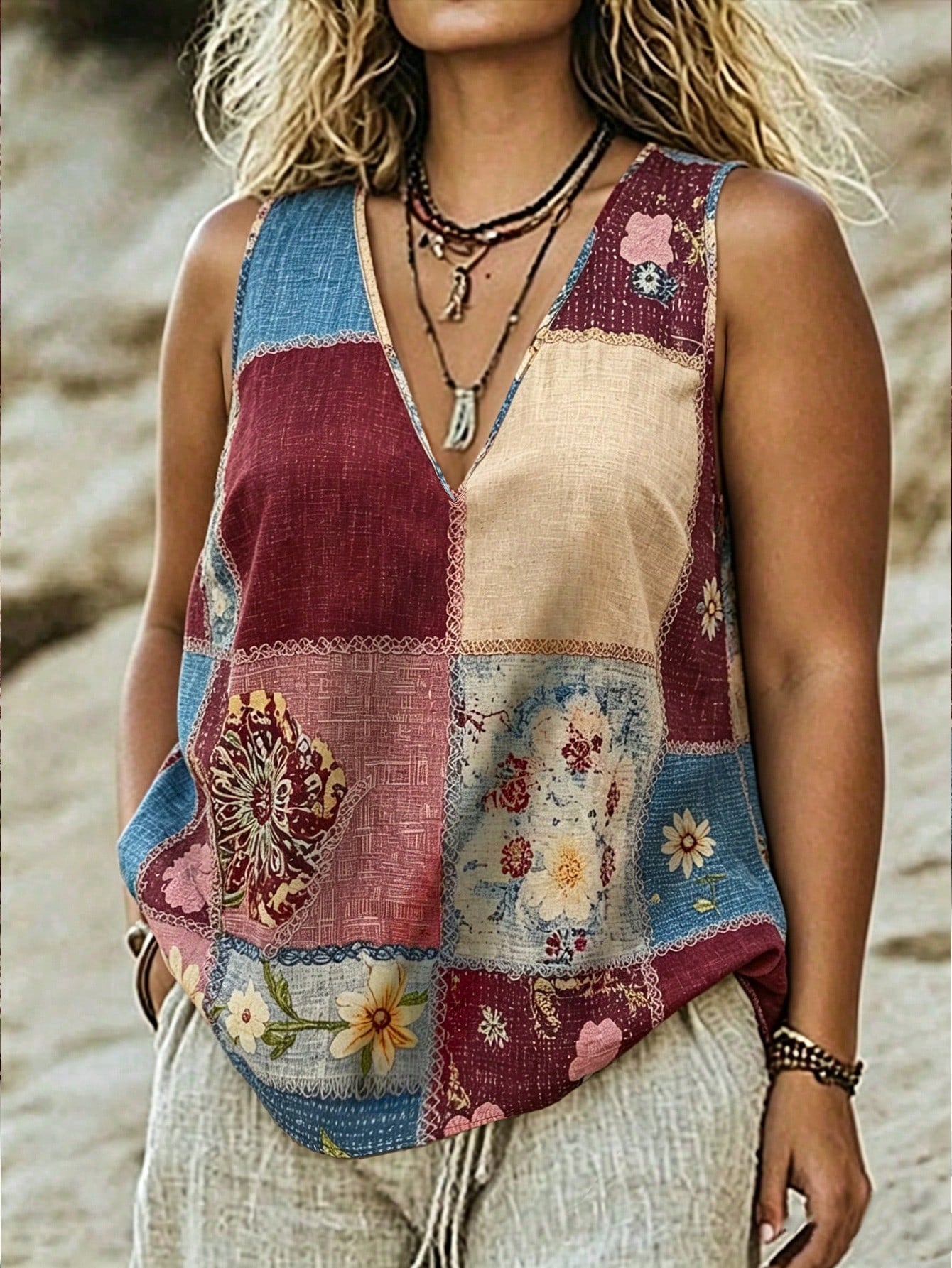 Linhara CURVE Plus Size Women's Summer Floral Print V-Neck Casual Tank Top