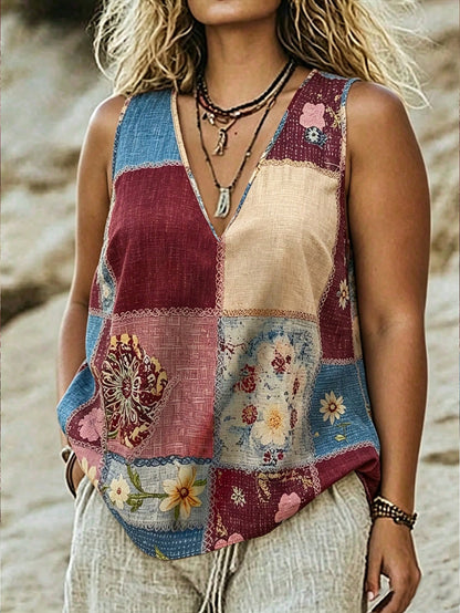 Linhara CURVE Plus Size Women's Summer Floral Print V-Neck Casual Tank Top