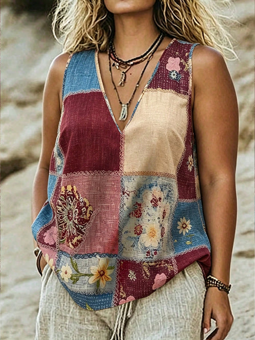 Linhara CURVE Plus Size Women's Summer Floral Print V-Neck Casual Tank Top