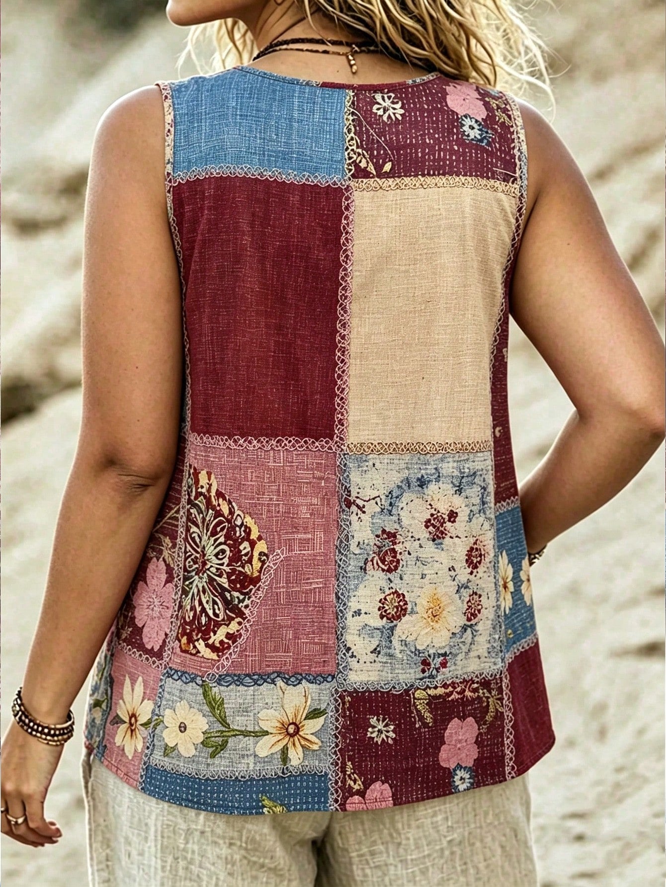 Linhara CURVE Plus Size Women's Summer Floral Print V-Neck Casual Tank Top