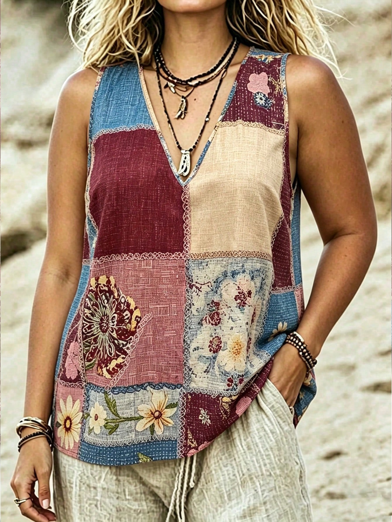 Linhara CURVE Plus Size Women's Summer Floral Print V-Neck Casual Tank Top