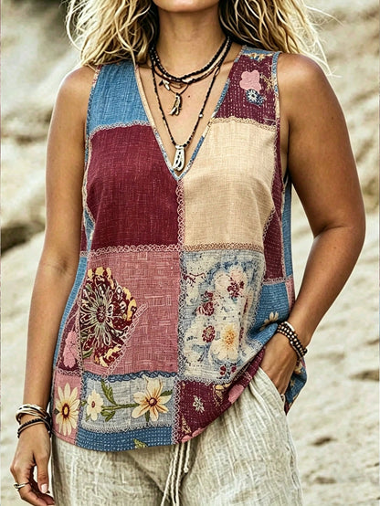 Linhara CURVE Plus Size Women's Summer Floral Print V-Neck Casual Tank Top