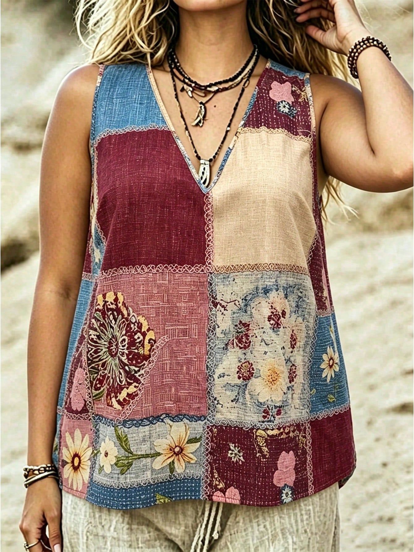 Linhara CURVE Plus Size Women's Summer Floral Print V-Neck Casual Tank Top