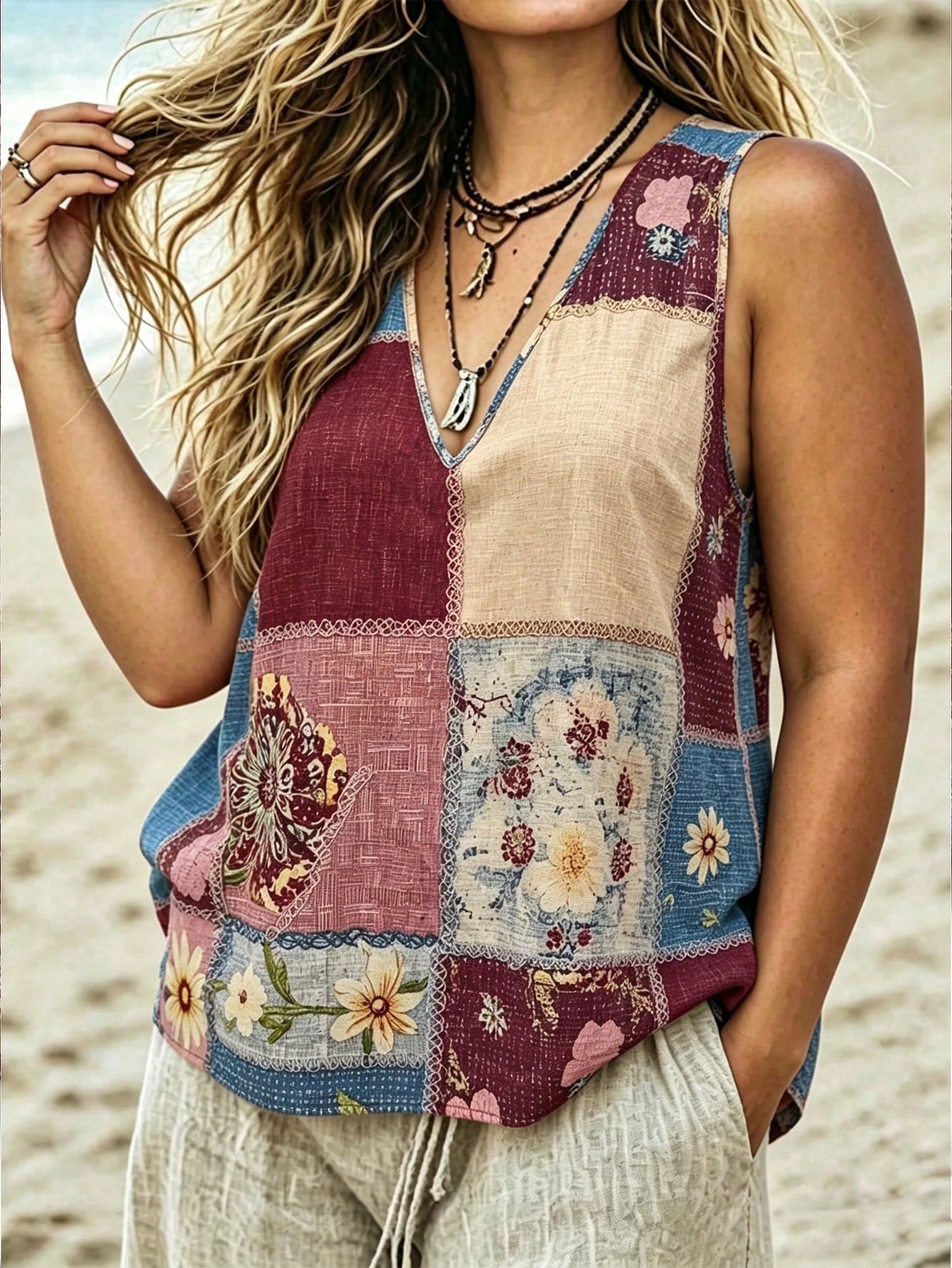 Linhara CURVE Plus Size Women's Summer Floral Print V-Neck Casual Tank Top