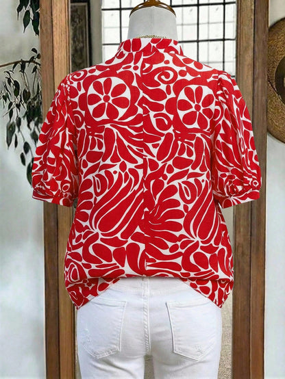 Linhara Women's Vintage Abstract Floral Print Mandarin Collar Puff Sleeve Blouse, Suitable For Weekend Market Strolling, Afternoon Tea With Friends, Vacation Photo Shoots, And Daily Commute Women's Sh