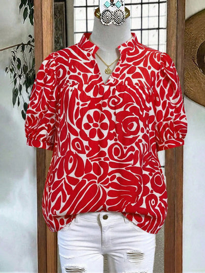Linhara Women's Vintage Abstract Floral Print Mandarin Collar Puff Sleeve Blouse, Suitable For Weekend Market Strolling, Afternoon Tea With Friends, Vacation Photo Shoots, And Daily Commute Women's Sh