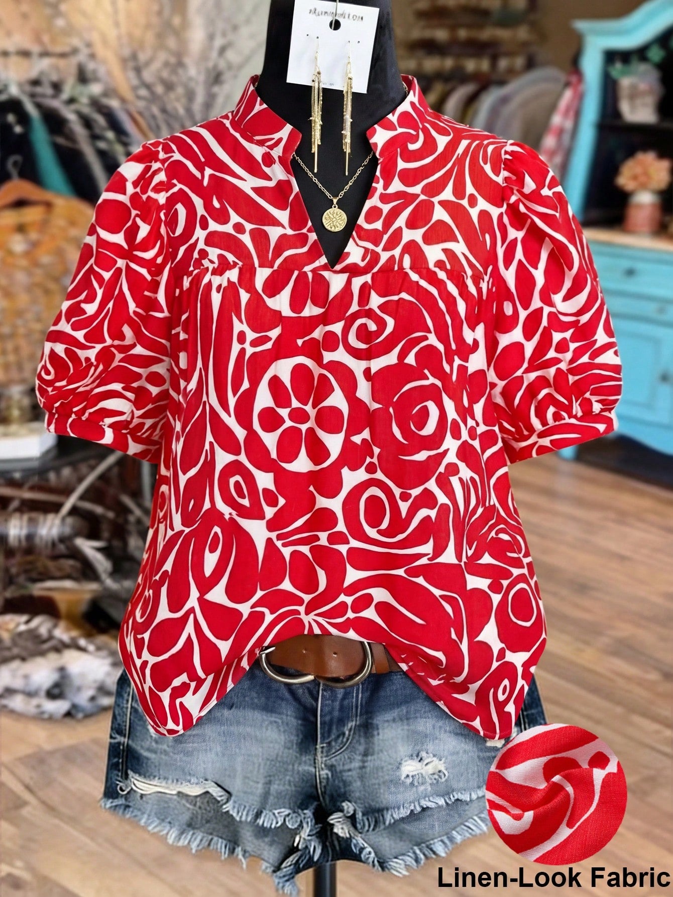 Linhara Women's Vintage Abstract Floral Print Mandarin Collar Puff Sleeve Blouse, Suitable For Weekend Market Strolling, Afternoon Tea With Friends, Vacation Photo Shoots, And Daily Commute Women's Sh