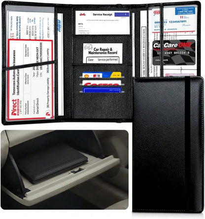 LINTRU Car Registration And Insurance Holder, 12-Pocket Trifold, Glove Box| 3.0mm Reinforced, 16"*9.5" Oversized, Elastic Strap No Magnet, PU Leather, Car Accessories For Men Women