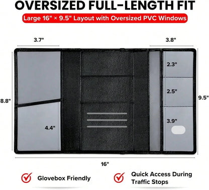 LINTRU Car Registration And Insurance Holder, 12-Pocket Trifold, Glove Box| 3.0mm Reinforced, 16"*9.5" Oversized, Elastic Strap No Magnet, PU Leather, Car Accessories For Men Women