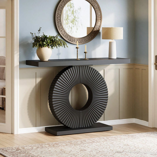 LITTLE TREE Modern Entryway Console Table, 39-Inch Wooden Narrow Sofa Table Behind Couch With Geometric Base, Contemporary Accent Table For Living Room, Entrance, Hallway, Black