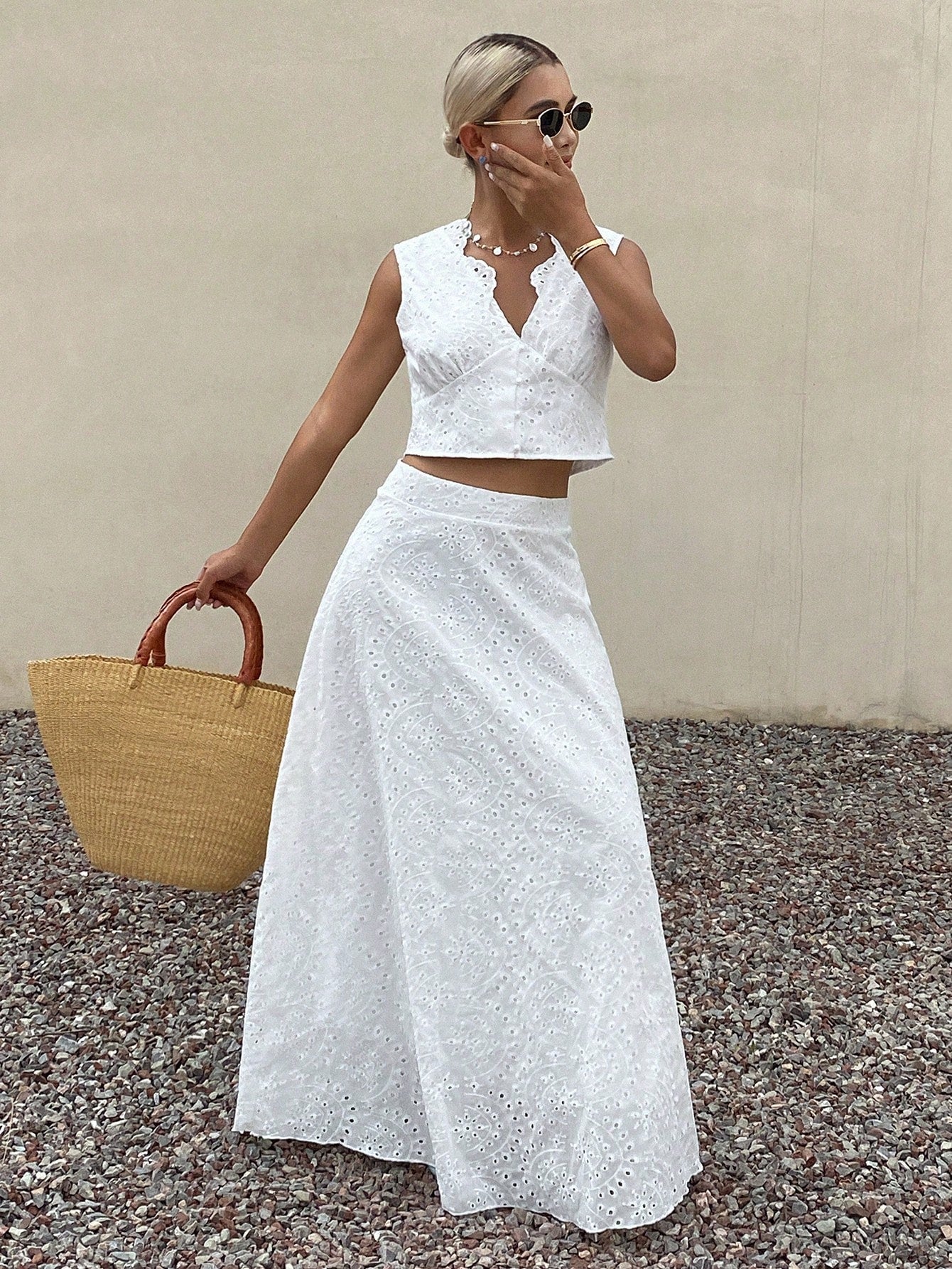 Livesso Asymmetrical Wavy Collar Sleeveless Cropped Top And Long Skirt Women's Two Pieces Set Summer