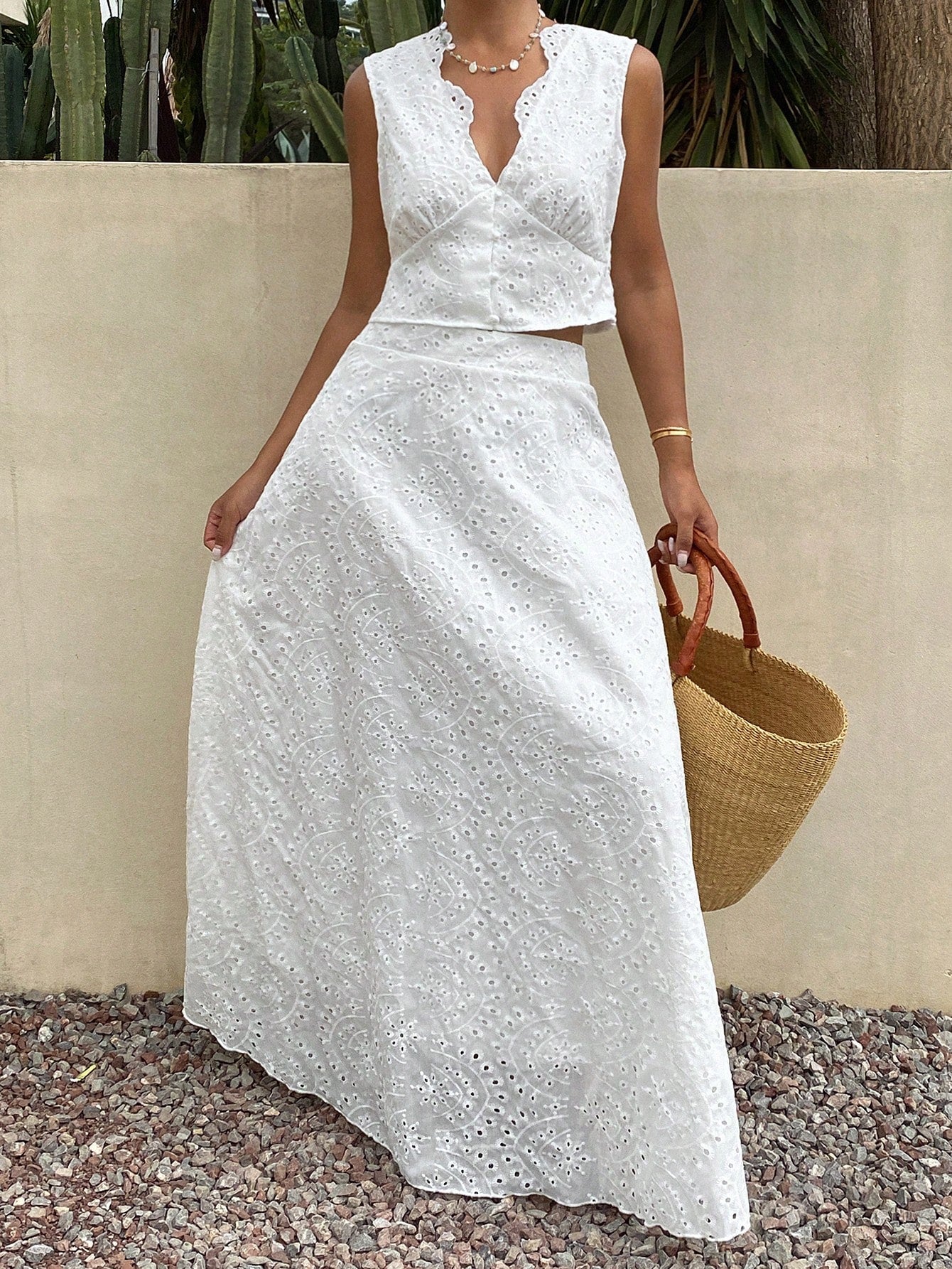 Livesso Asymmetrical Wavy Collar Sleeveless Cropped Top And Long Skirt Women's Two Pieces Set Summer