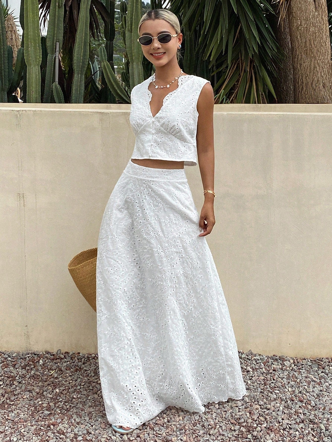 Livesso Asymmetrical Wavy Collar Sleeveless Cropped Top And Long Skirt Women's Two Pieces Set Summer