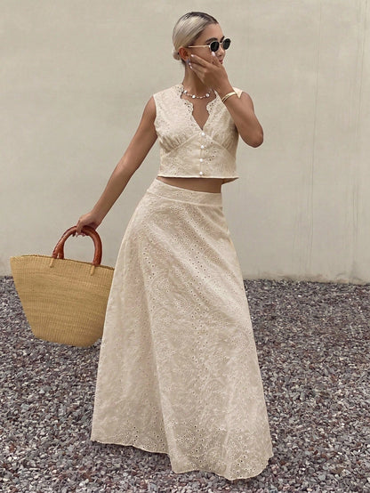 Livesso Asymmetrical Wavy Collar Sleeveless Cropped Top And Long Skirt Women's Two Pieces Set Summer