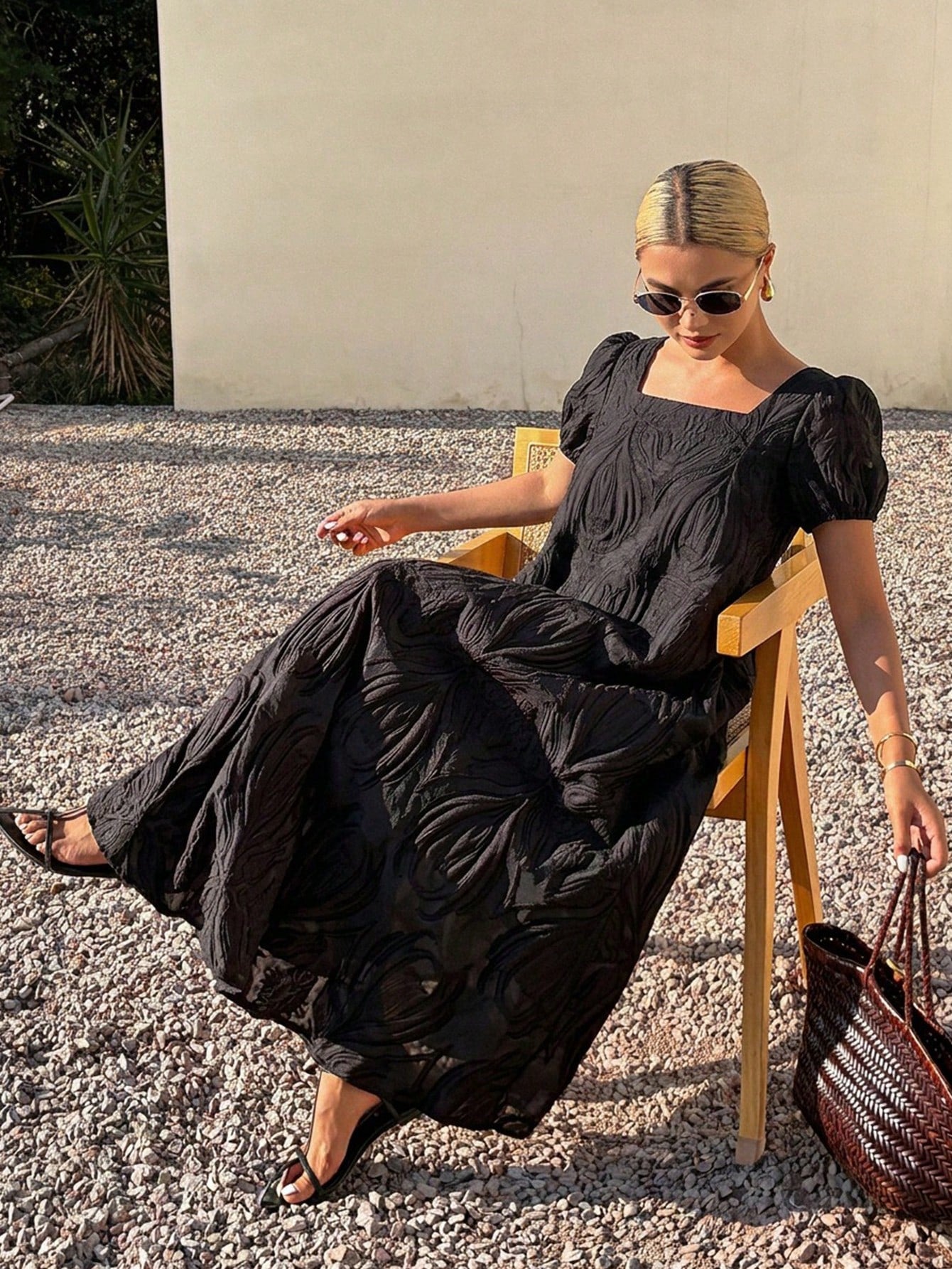 Livesso Spring Summer Black Textured Organza Lace Bohemian Casual Vacation Elegant Commute Loose Straight Midi Dress Tank Dress For Women Sundress