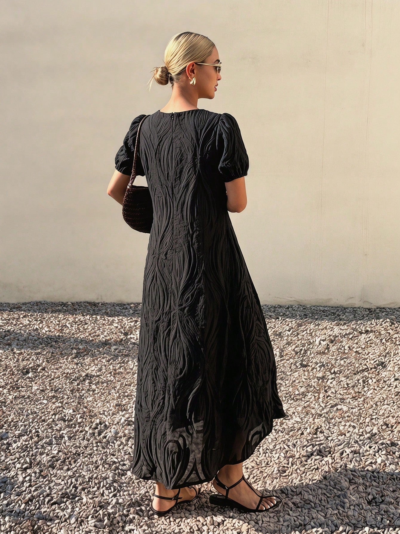Livesso Spring Summer Black Textured Organza Lace Bohemian Casual Vacation Elegant Commute Loose Straight Midi Dress Tank Dress For Women Sundress