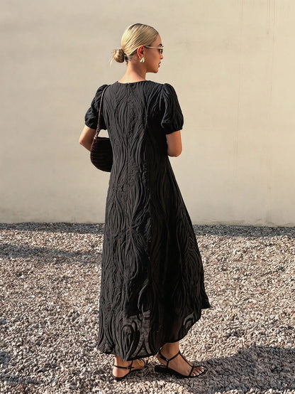 Livesso Spring Summer Black Textured Organza Lace Bohemian Casual Vacation Elegant Commute Loose Straight Midi Dress Tank Dress For Women Sundress