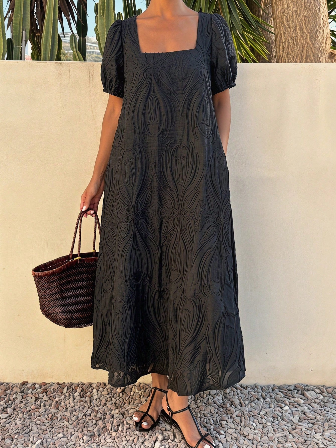 Livesso Spring Summer Black Textured Organza Lace Bohemian Casual Vacation Elegant Commute Loose Straight Midi Dress Tank Dress For Women Sundress