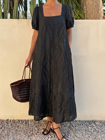 Livesso Spring Summer Black Textured Organza Lace Bohemian Casual Vacation Elegant Commute Loose Straight Midi Dress Tank Dress For Women Sundress