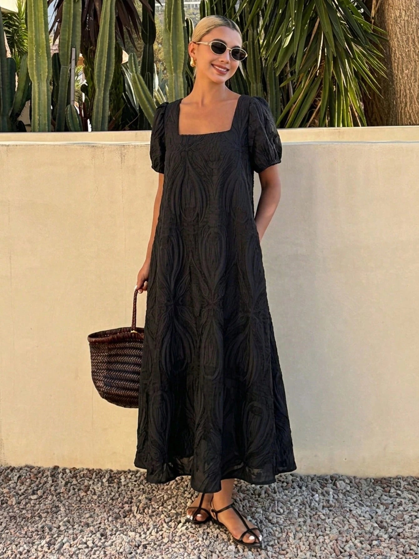 Livesso Spring Summer Black Textured Organza Lace Bohemian Casual Vacation Elegant Commute Loose Straight Midi Dress Tank Dress For Women Sundress