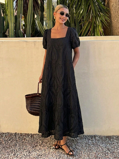Livesso Spring Summer Black Textured Organza Lace Bohemian Casual Vacation Elegant Commute Loose Straight Midi Dress Tank Dress For Women Sundress