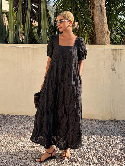 Livesso Spring Summer Black Textured Organza Lace Bohemian Casual Vacation Elegant Commute Loose Straight Midi Dress Tank Dress For Women Sundress