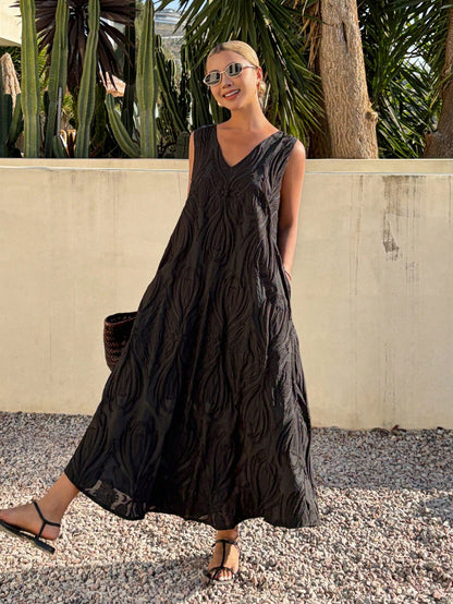 Livesso Spring Summer Black Textured Organza Lace Bohemian Casual Vacation Elegant Commute Loose Straight Midi Dress Tank Dress For Women Sundress