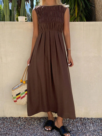 Livesso Summer Elegant Party Holiday Round Neck Sleeveless Waist-Cinching Solid Color Women's Midi Dress