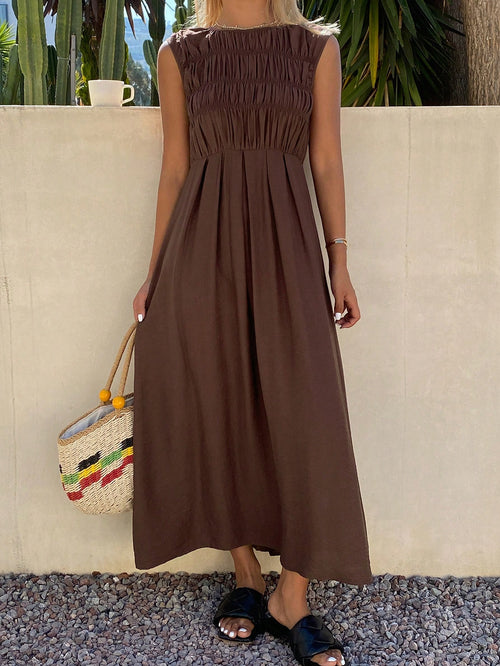 Livesso Summer Elegant Party Holiday Round Neck Sleeveless Waist-Cinching Solid Color Women's Midi Dress