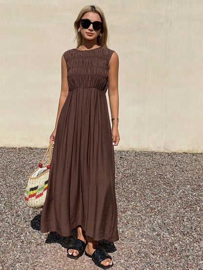 Livesso Summer Elegant Party Holiday Round Neck Sleeveless Waist-Cinching Solid Color Women's Midi Dress