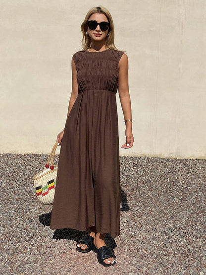 Livesso Summer Elegant Party Holiday Round Neck Sleeveless Waist-Cinching Solid Color Women's Midi Dress