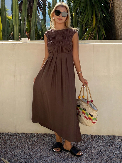 Livesso Summer Elegant Party Holiday Round Neck Sleeveless Waist-Cinching Solid Color Women's Midi Dress