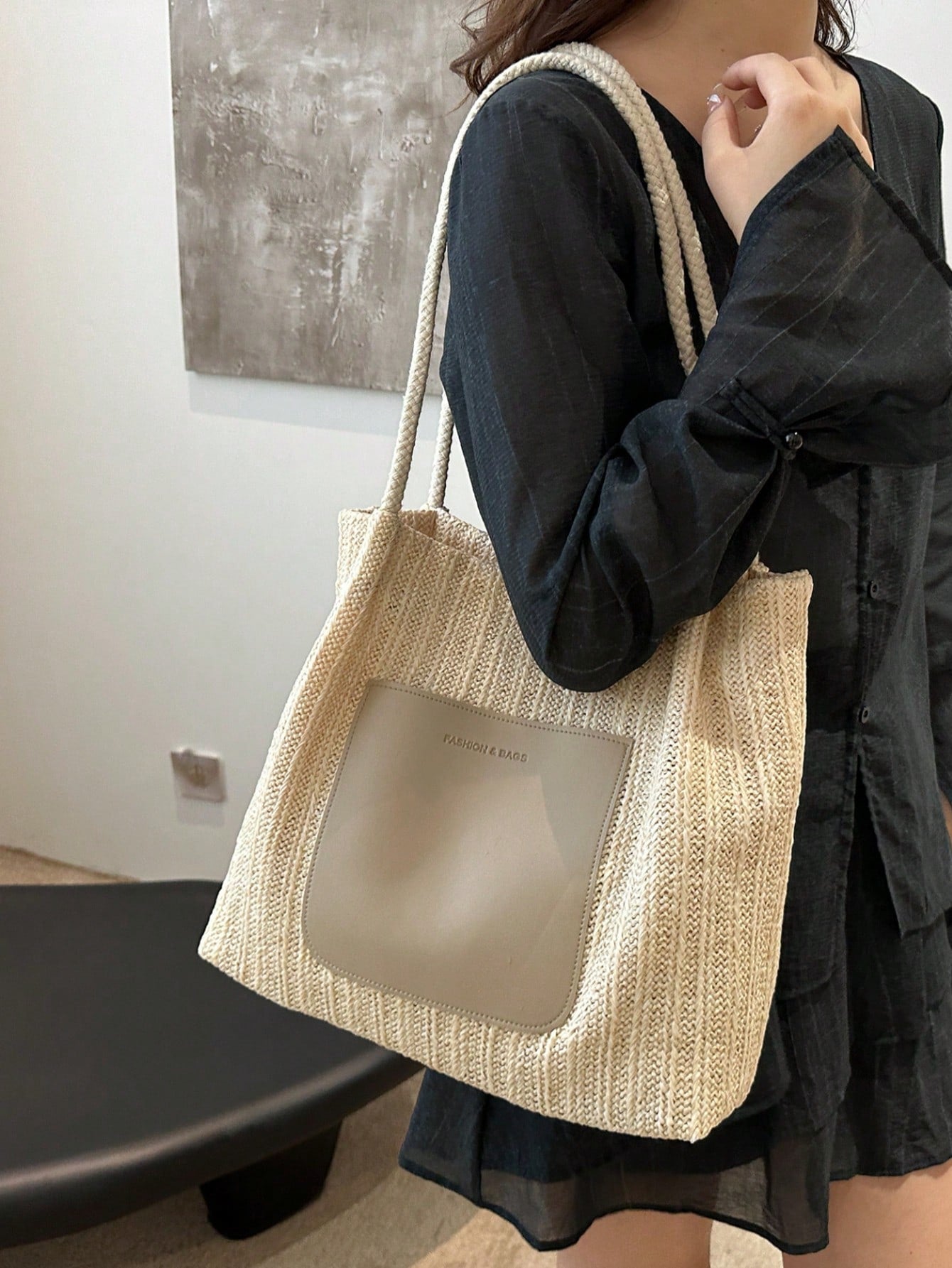 Livesso Summer Hot-Selling Straw Woven Tote Bag For Women, Sweet Style, Large Capacity, Minimalist Fresh Design, Shoulder Bag, Straw Fabric With PU Material
