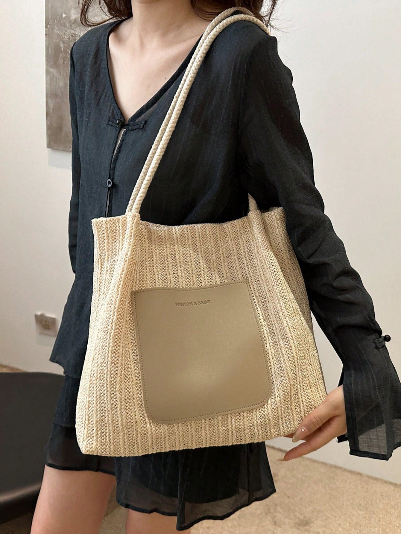 Livesso Summer Hot-Selling Straw Woven Tote Bag For Women, Sweet Style, Large Capacity, Minimalist Fresh Design, Shoulder Bag, Straw Fabric With PU Material
